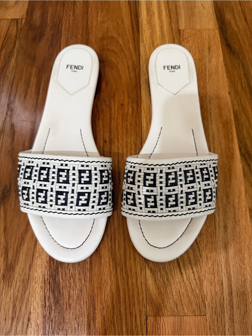 Fendi White Slide Sandals with Black FF Woven Strap